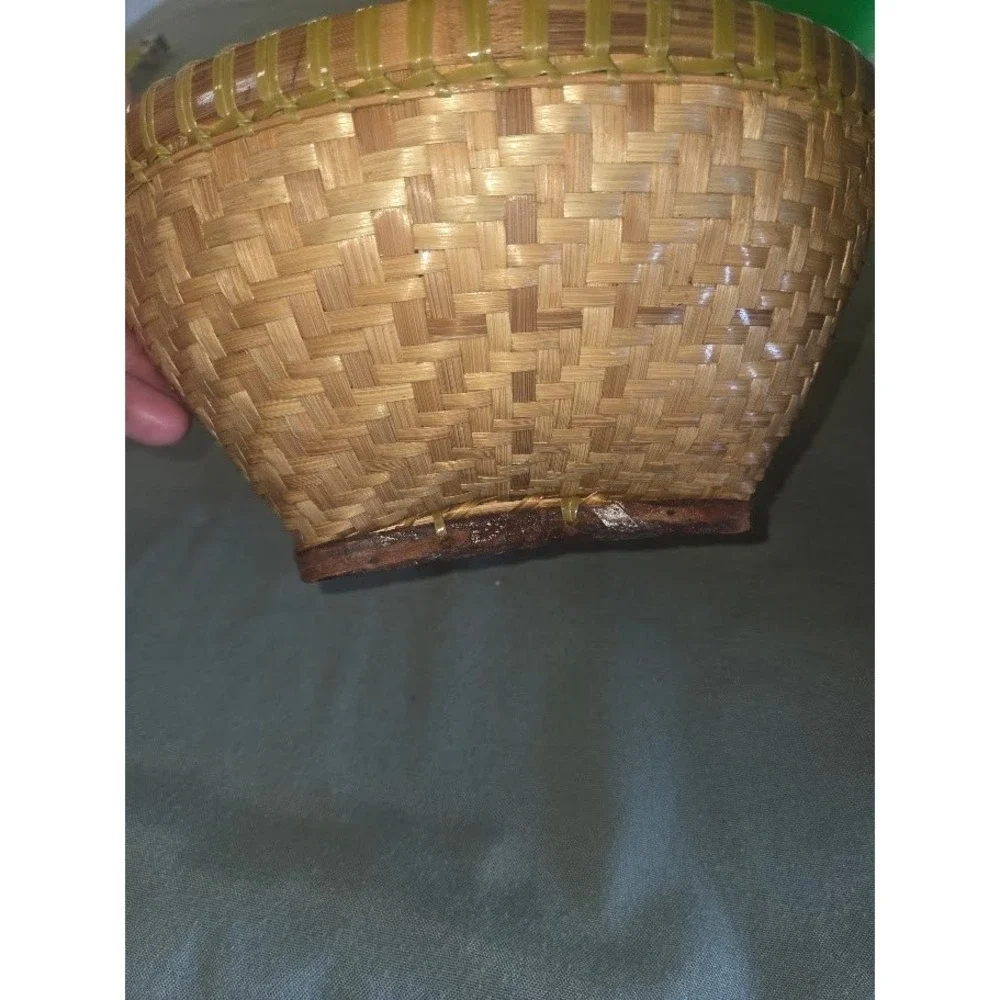 Vintage Hand Woven Bamboo Basket Round Fruit Bowl Boho Decor